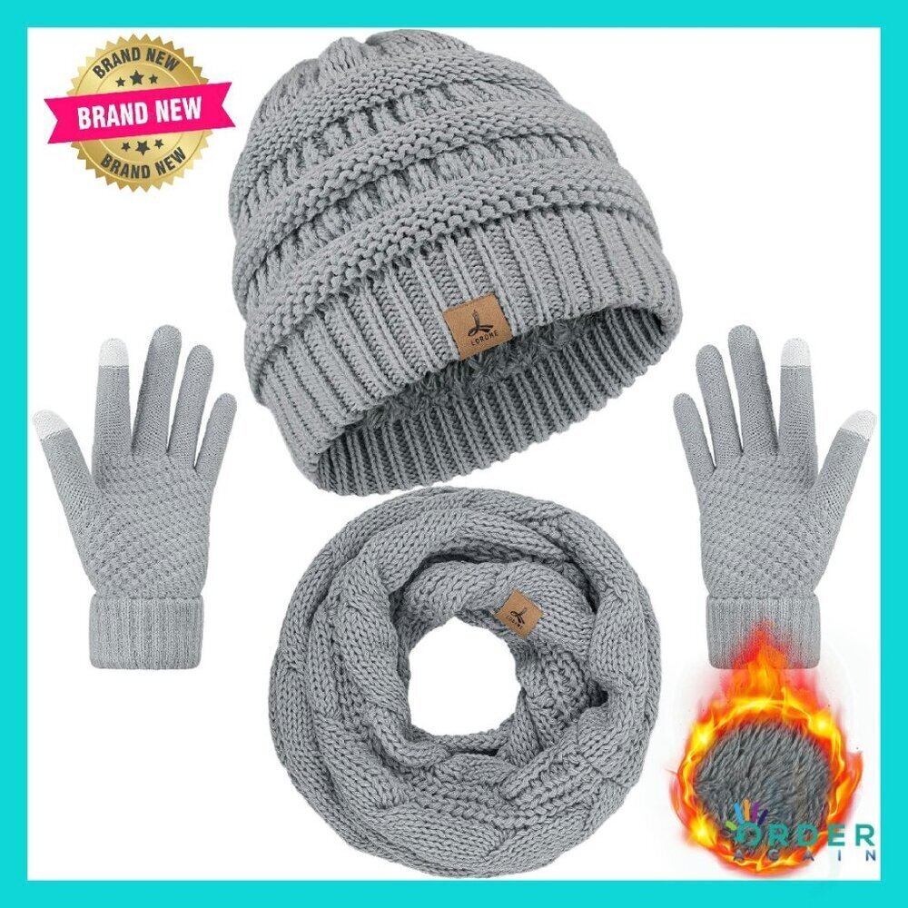 Warm Fleece Knit Beanie Scarf Gloves Set Touch Screen Unisex Winter Accessories